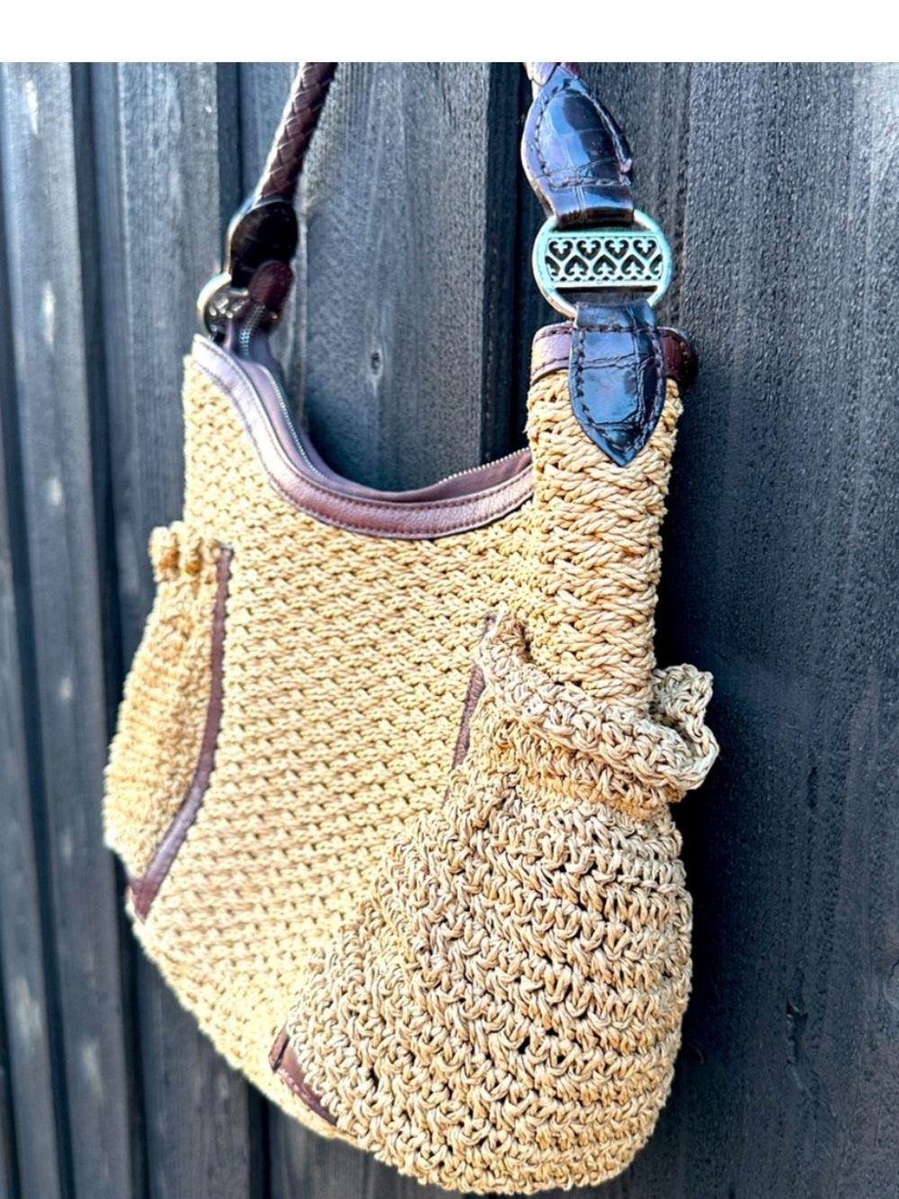 Brighton Woven Straw Handbag Shoulder purse brown leather trim size large - Picture 5 of 13